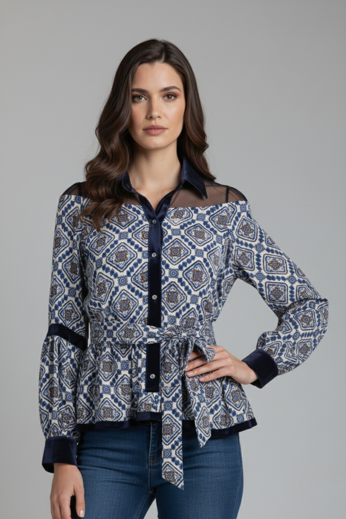 Blusa de Seda Estampada con Terciopelo | Pizarro