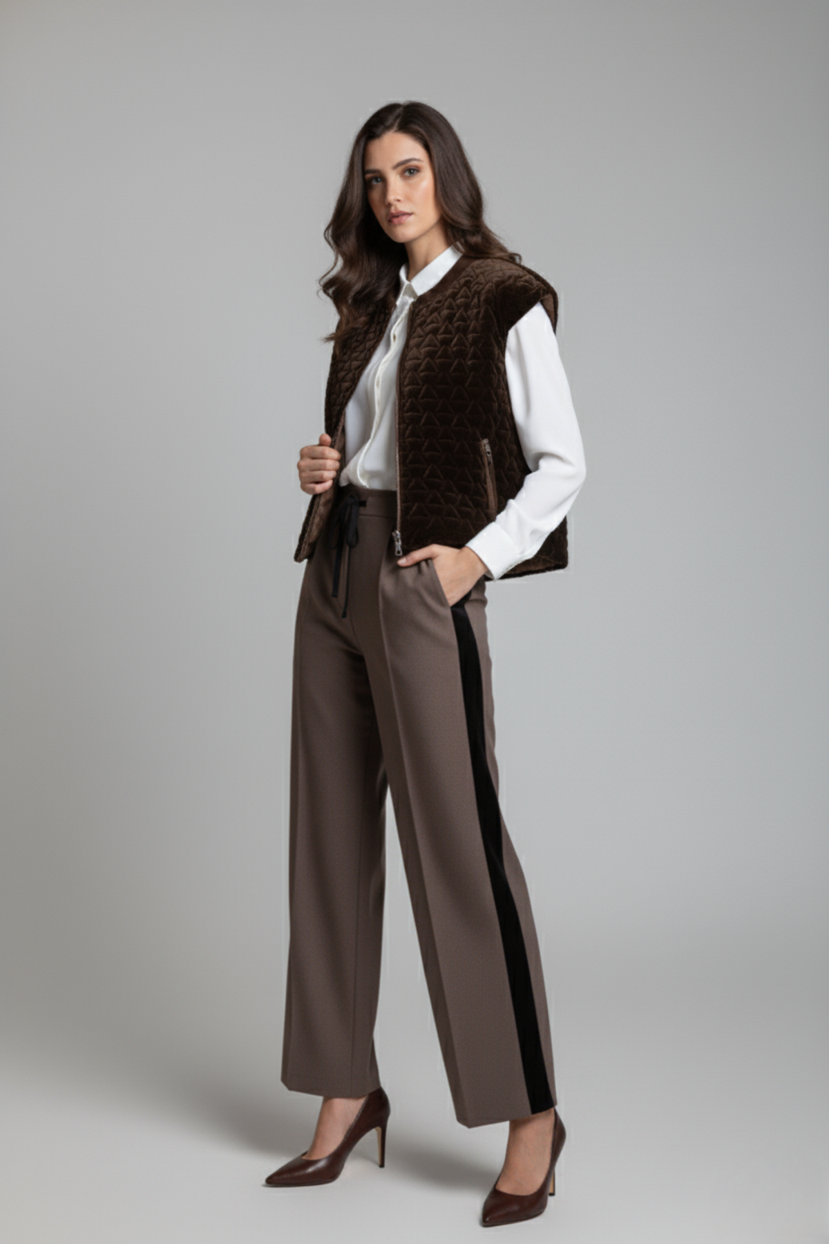 Pantalón Leticia color marrón en tela milán con silueta amplia, bolsillos laterales y detalle de terciopelo en los costados, vista frontal | Claudia Bertolero