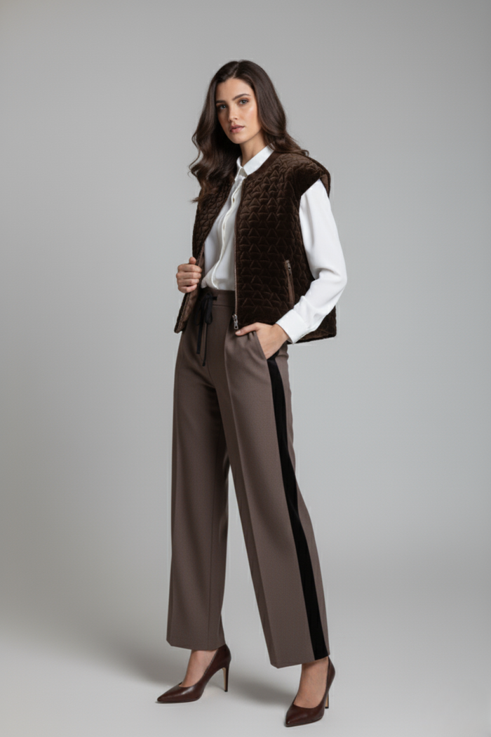 Pantalón Leticia color marrón en tela milán con silueta amplia, bolsillos laterales y detalle de terciopelo en los costados, vista frontal | Claudia Bertolero