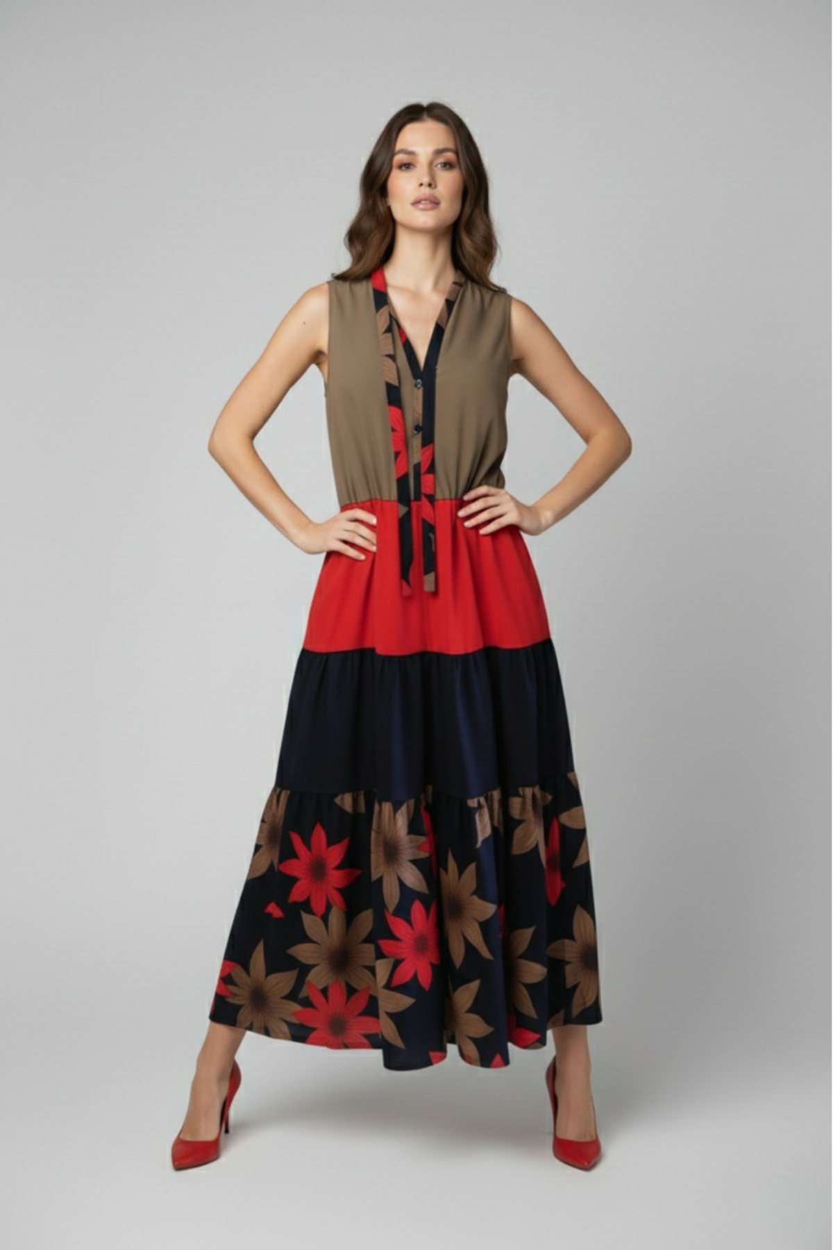 Vestido 3 Tiempos largo de algodón con bloques marrón rojo y falda azul con flores | Claudia Bertolero