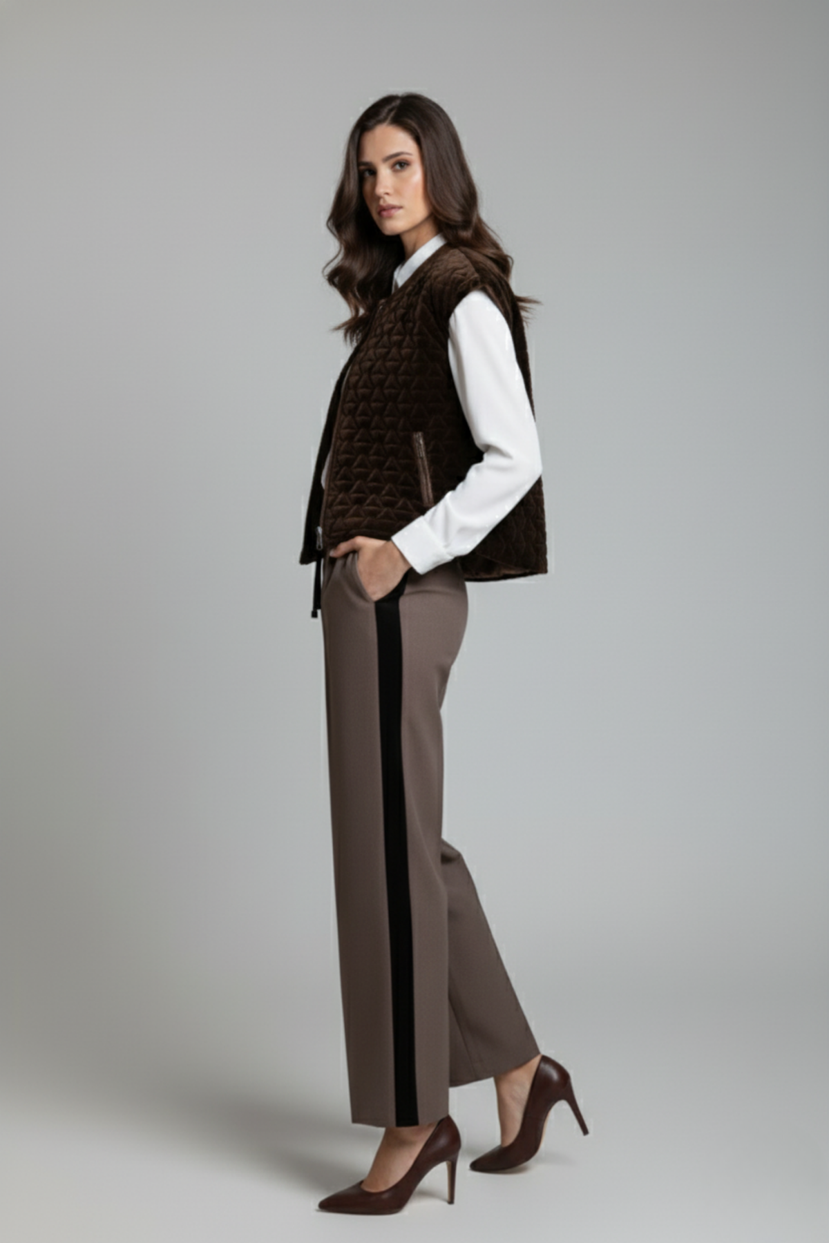 Pantalón Leticia color marrón en tela milán con corte amplio y franja lateral de terciopelo, vista lateral | Claudia Bertolero