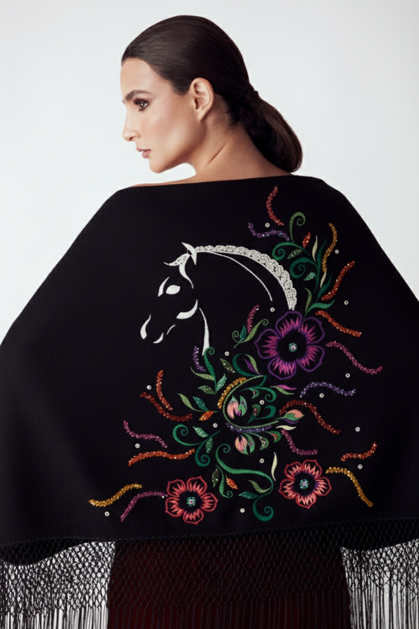 Manto Manila de baby alpaca con bordados de caballo y flores de amancaes | Claudia Bertolero