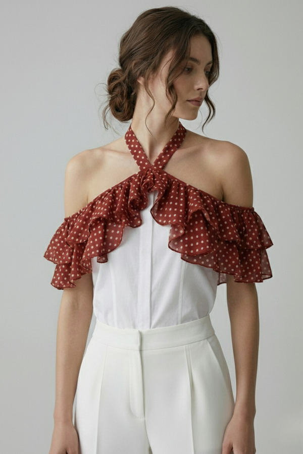 Blusa Catalina blanca con doble bobo de gasa alazán con lunares crema y lazo halter al cuello, estilo off-shoulder con hombros descubiertos, combinada con pantalón blanco | Claudia Bertolero