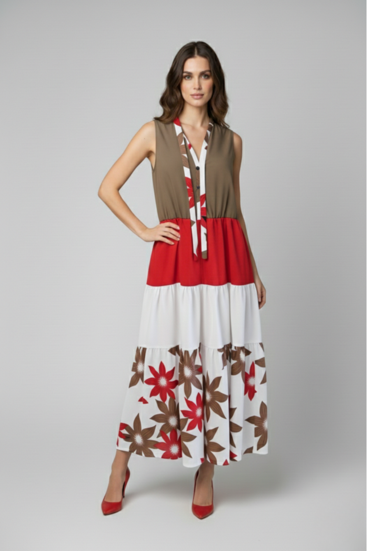Vestido 3 Tiempos largo con bloques marrón rojo y falda blanca con flores | Claudia Bertolero