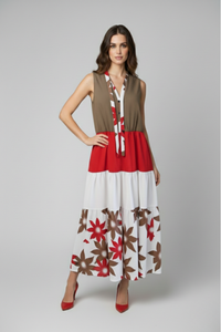 Vestido 3 Tiempos largo con bloques marrón rojo y falda blanca con flores | Claudia Bertolero