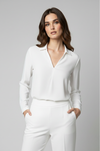 Blusa Renoir blanca de manga larga con escote en V y cuello camisero, combinada con pantalón blanco. Un diseño minimalista y elegante ideal para looks formales o de oficina | Claudia Bertolero