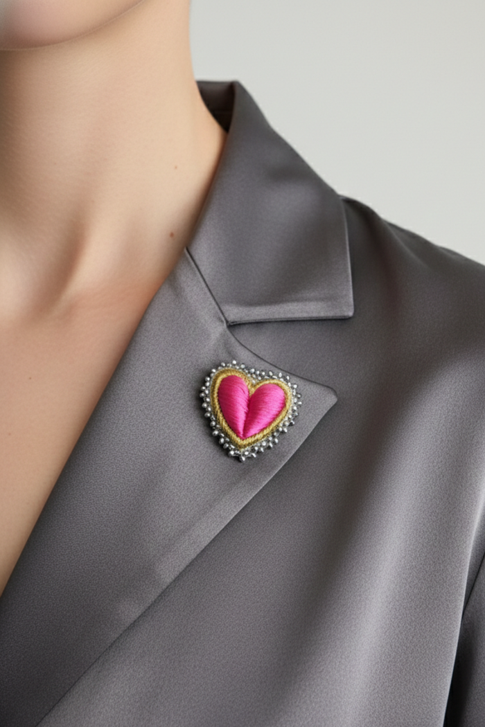 Broche corazón bordado con lurex brillante y cristales facetados | Claudia Bertolero