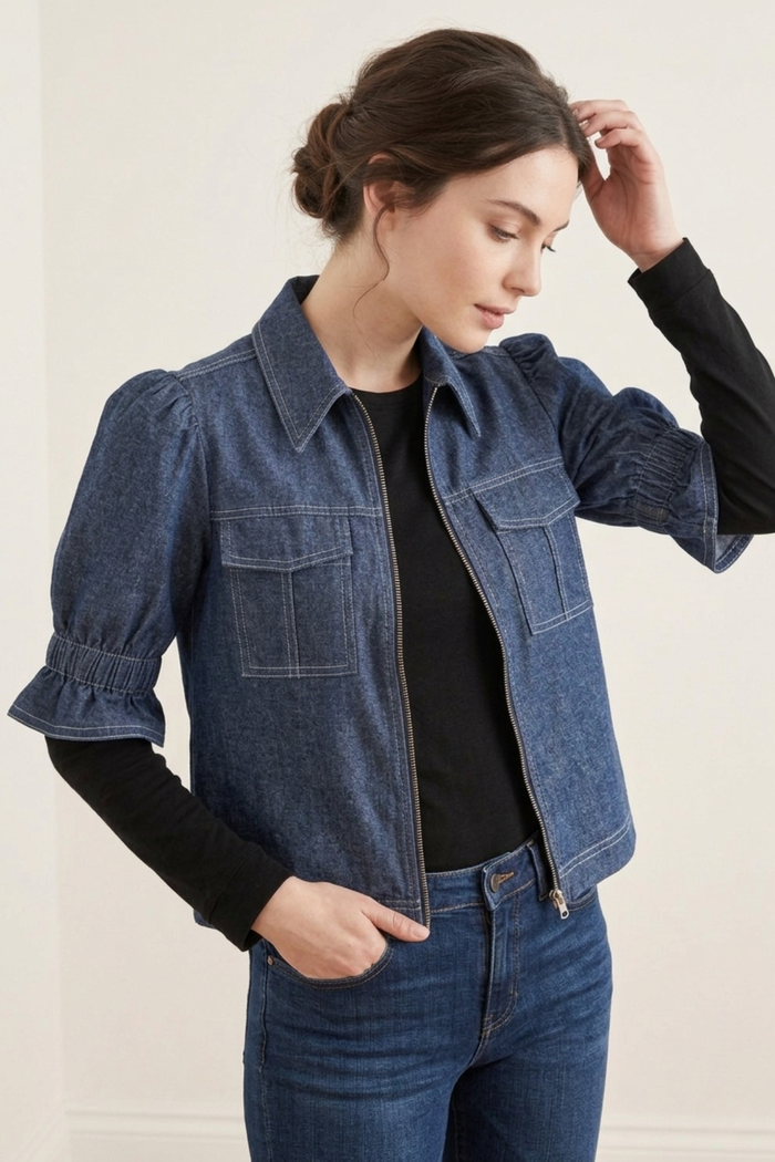 Modelo con Casaca Campo de denim azul con mangas cortas estilo balloon y cierre delantero, combinada con pantalón de jean y polo negro | Claudia Bertolero