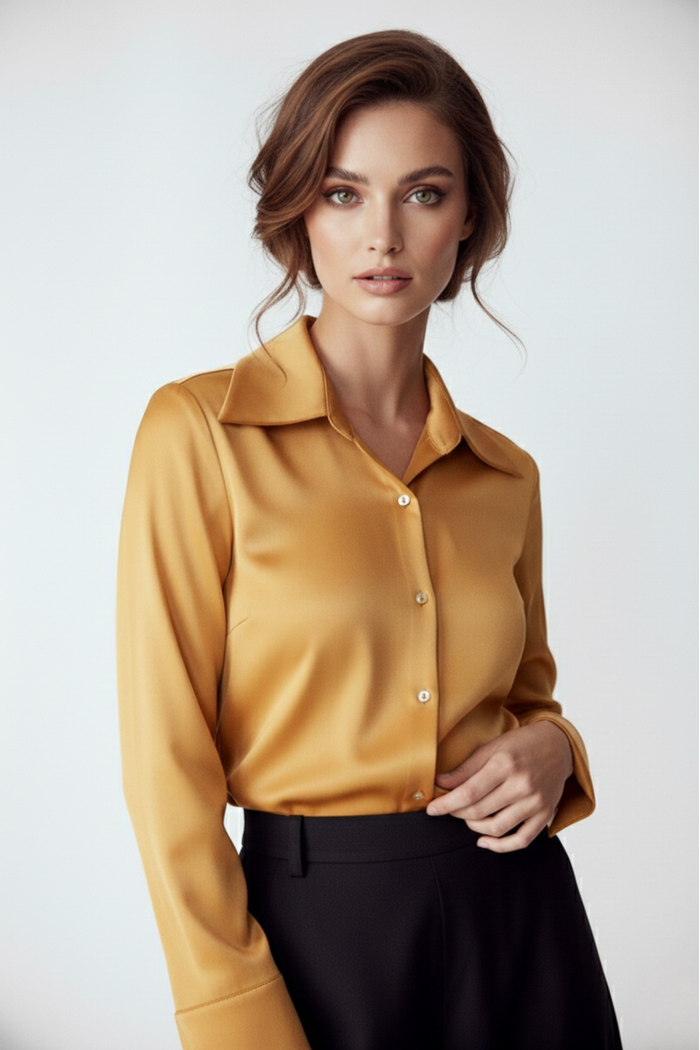 Detalle frontal de blusa Resplandor de seda dorada elegante | Claudia Bertolero