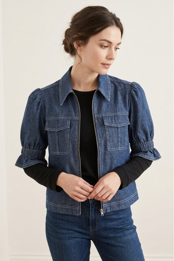Vista de la Casaca Campo en denim azul con mangas cortas voluminosas estilo balloon y silueta estructurada, combinada con pantalón de jean | Claudia Bertolero