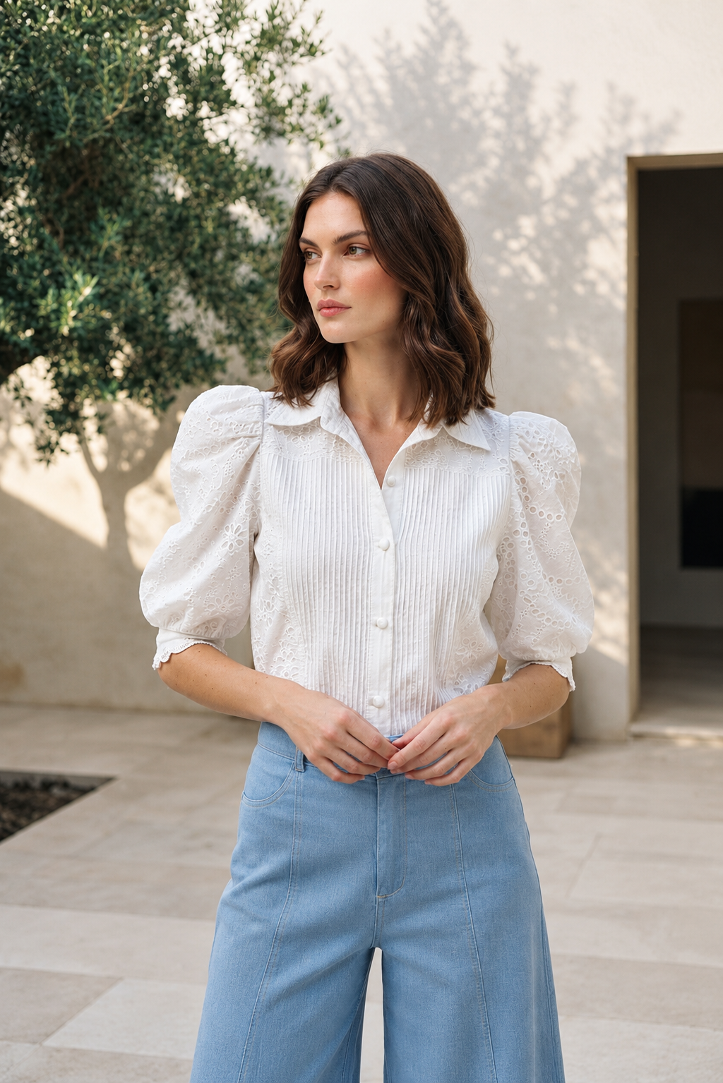 Blusa de Broderie y Pechera Tuxedo | Sparkling
