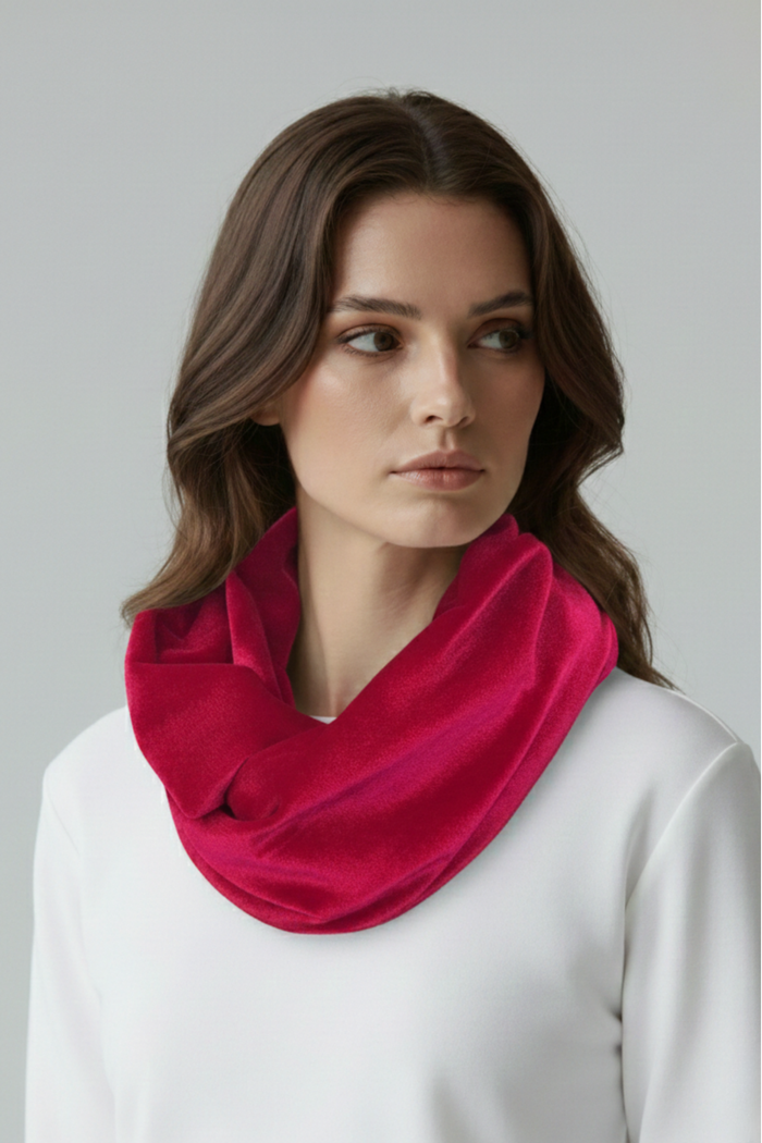 Pañoleta Sierra de terciopelo color fucsia combinada con prenda blanca | Claudia Bertolero