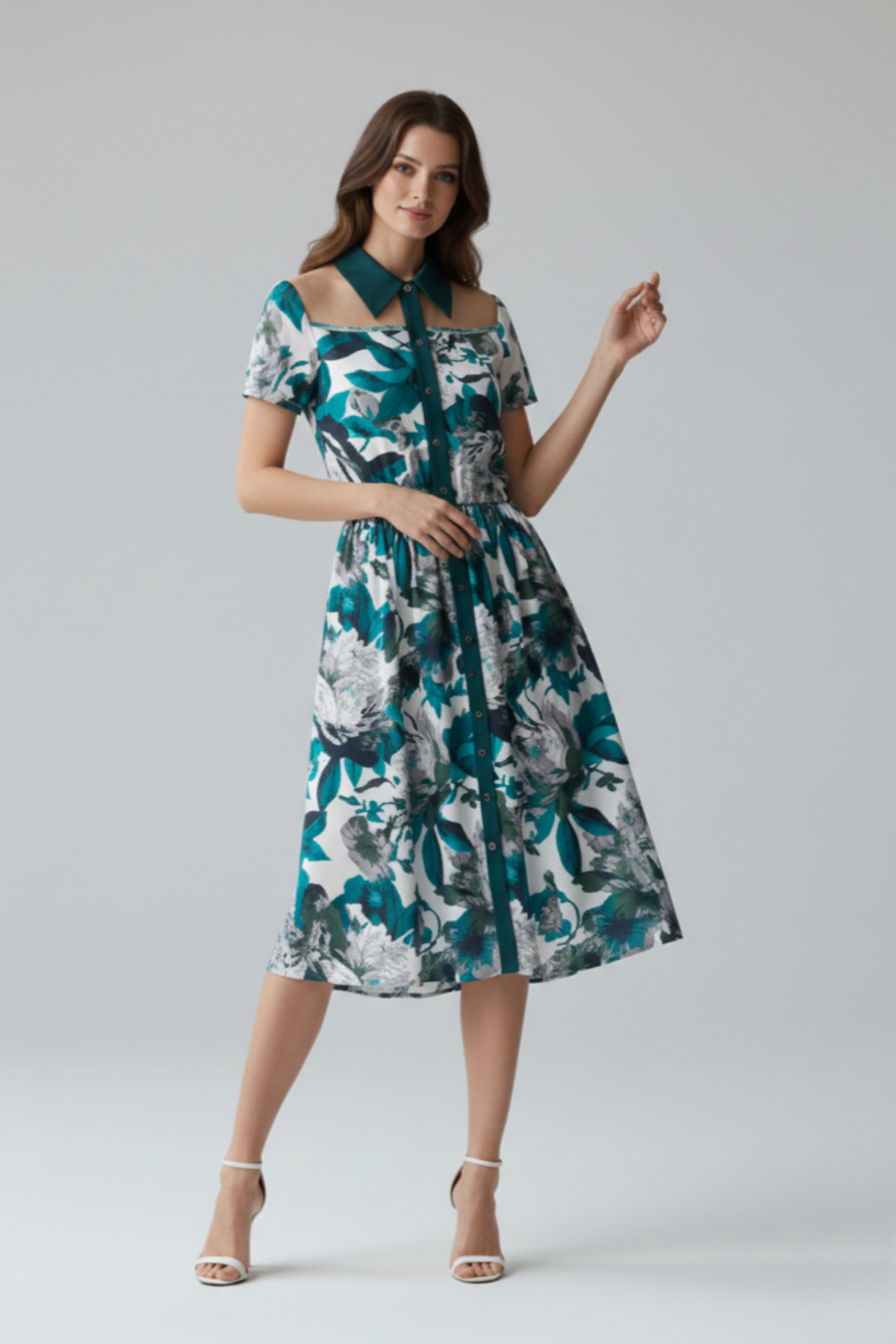 Vestido Pizarro de seda estampada verde con falda midi fluida y cintura elástica | Claudia Bertolero
