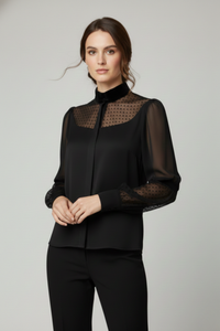 Blusa Conquistador negra de satín con mangas de gasa y tul de pois | Claudia Bertolero