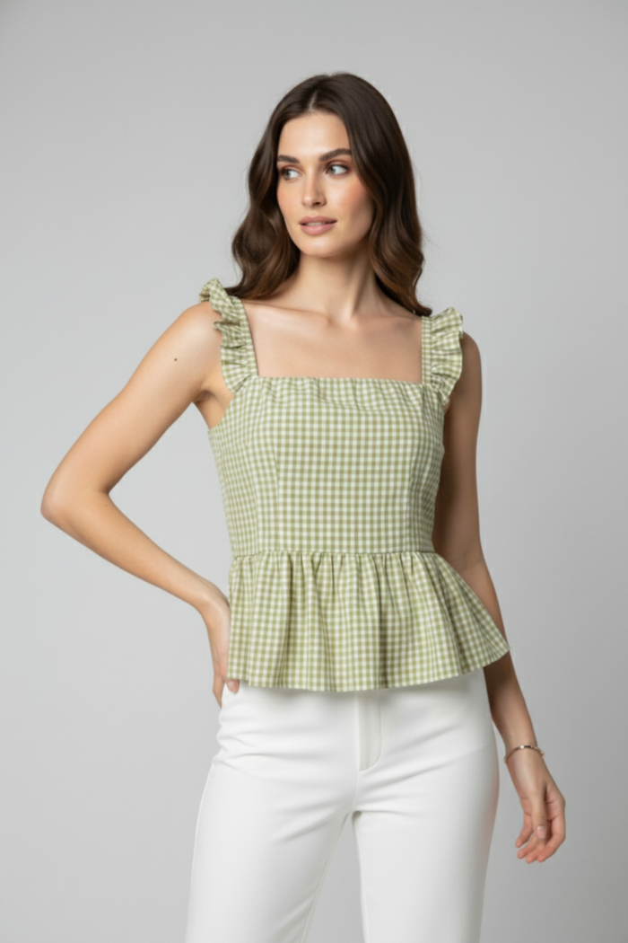 Top Mamacona de popelina de algodón vichy verde con breteles con volantes y corte peplum | Claudia Bertolero