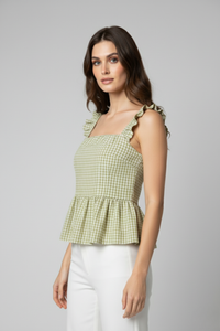 Top Mamacona de popelina de algodón con estampado vichy verde y corte peplum vista trasera | Claudia Bertolero