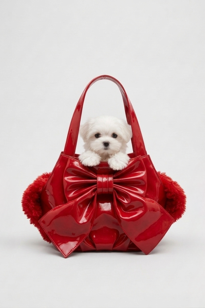 Cartera Misha para mascotas en cuero vegano premium con acabado charol y lazo frontal | Claudia Bertolero