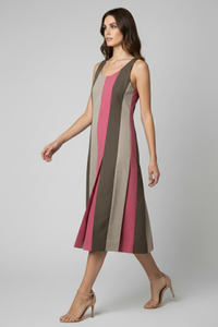 Vestido Sandra midi de popelina con paneles verticales en tonos crema, moka y rosado | Claudia Bertolero