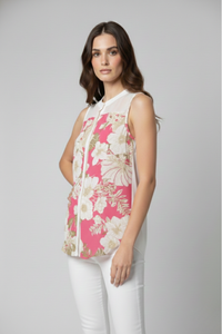 Top Marcia estampado floral rosa sin mangas con cuello nerú y botones frontales | Claudia Bertolero