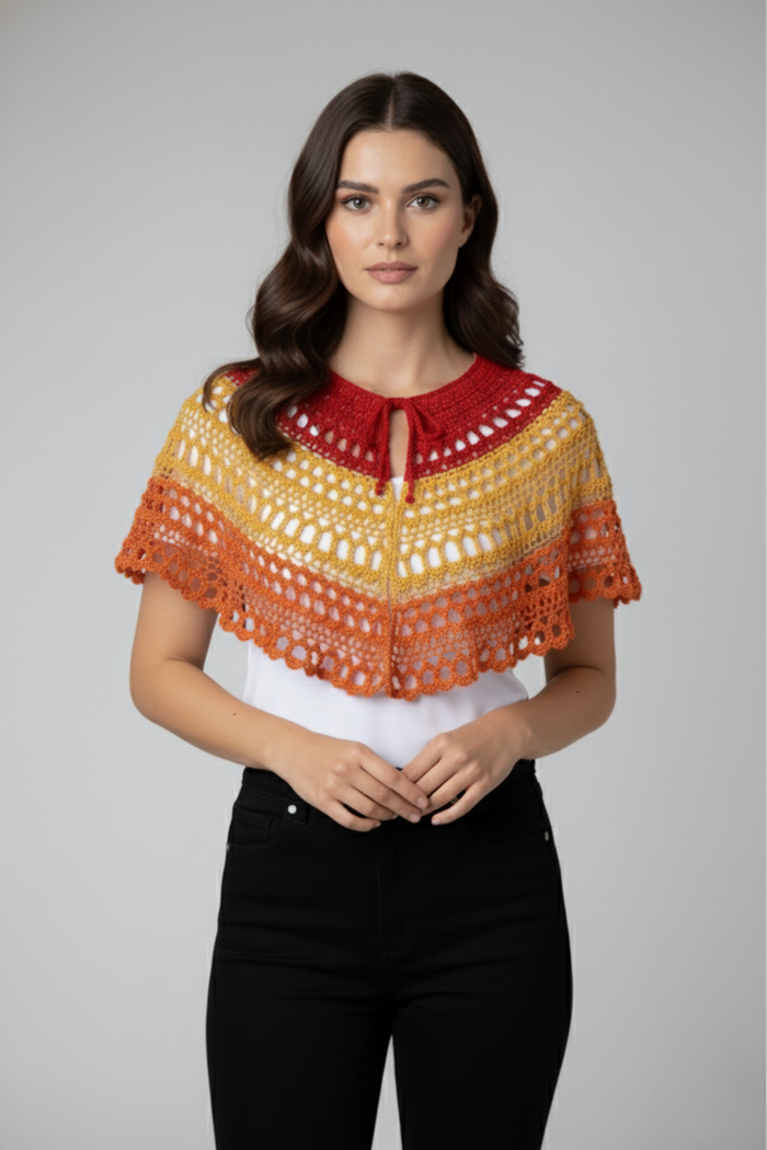 Polo Tribal con capa de crochet en tonos rojo, amarillo y naranja sobre polo blanco, vista frontal | Claudia Bertolero