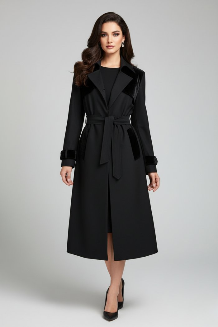 Trench Coat Bertolero con detalles en terciopelo y silueta elegante estructurada | Claudia Bertolero