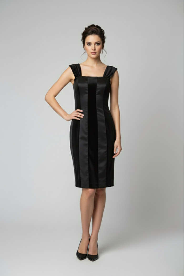Vestido Zebra negro entallado con paneles verticales de raso y terciopelo | Claudia Bertolero