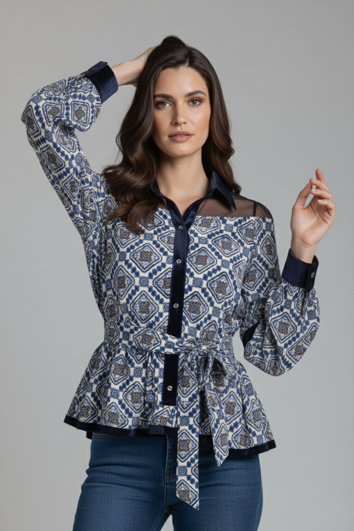 Blusa de Seda Estampada con Terciopelo | Pizarro