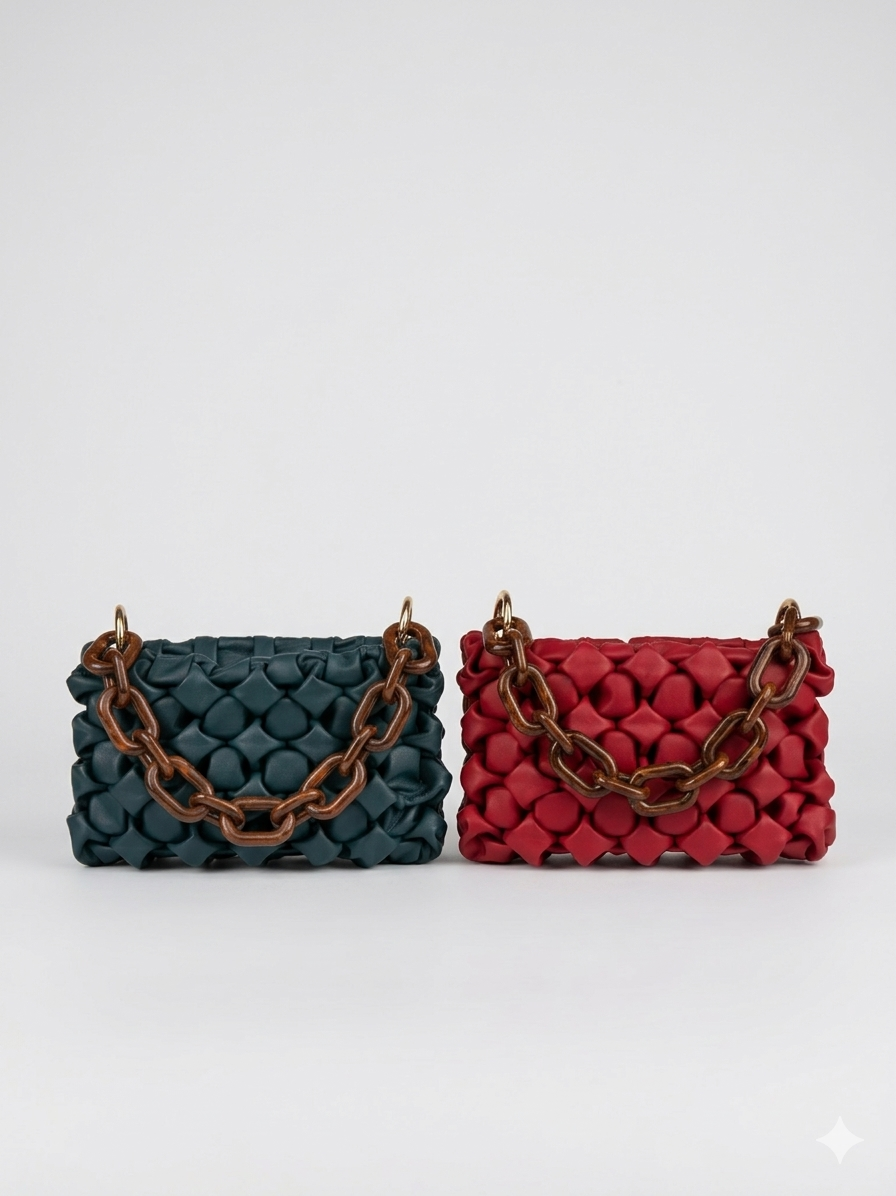 Cartera Curly verde y roja con cadena de resina efecto carey y bandolera de cuero desmontable | Claudia Bertolero