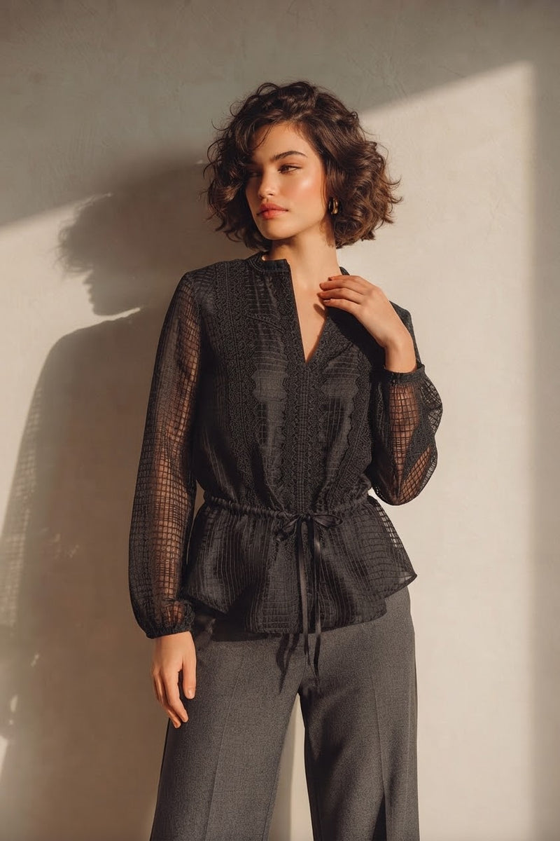 Blusa de Organza Cuadriculada con Broderie | Mishetta