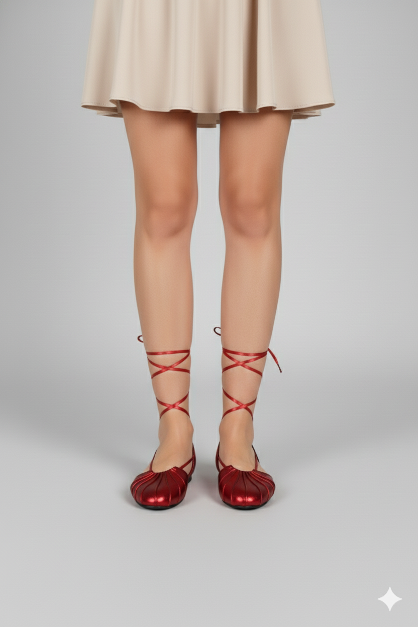 Ballerinas rojas veraniegas con tiras largas para anudar en la pierna | Claudia Bertolero