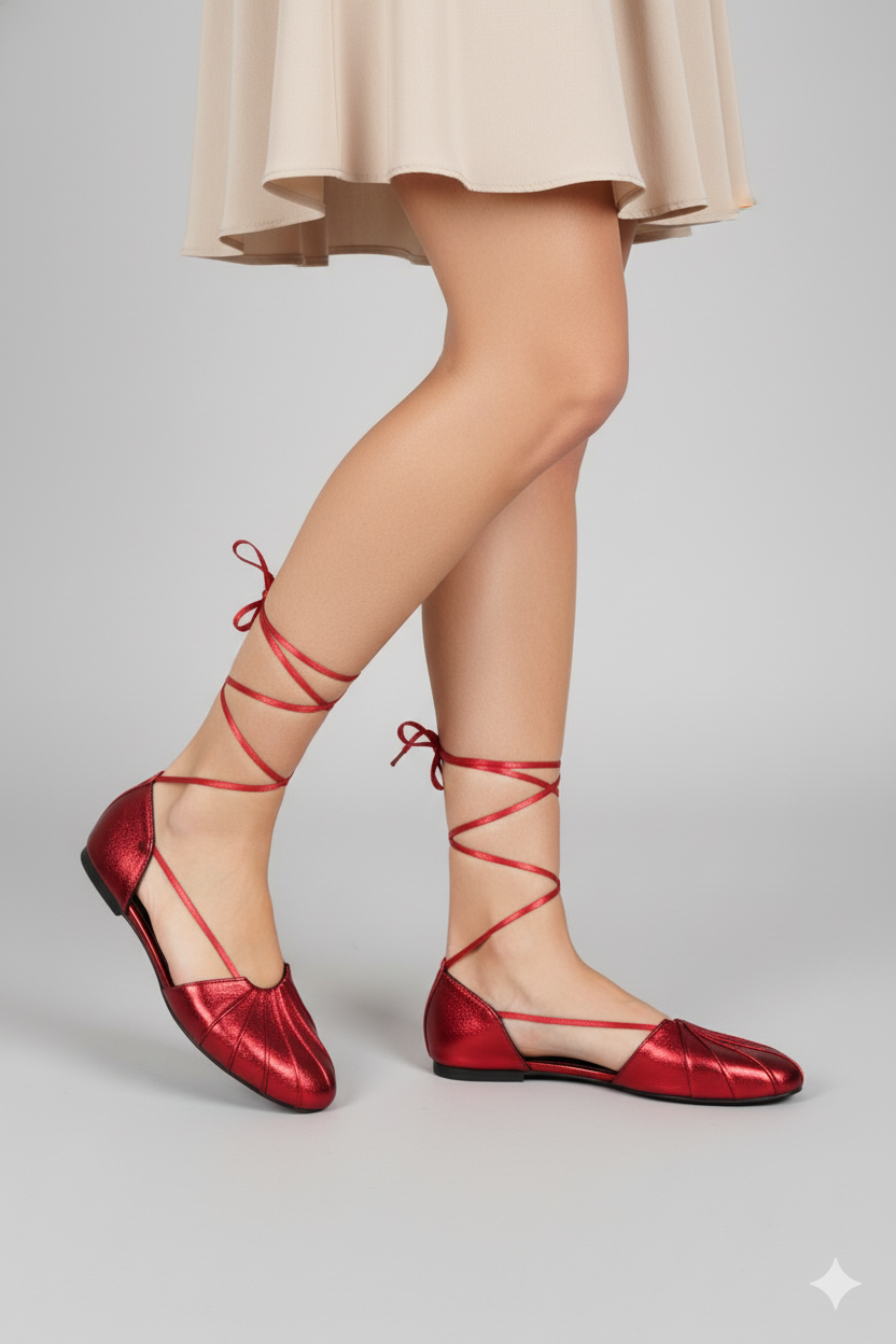 Vista lateral de ballerinas rojas brillantes con tiras cruzadas en la pierna | Claudia Bertolero