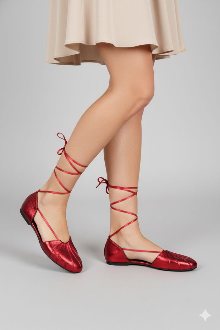 Vista lateral de ballerinas rojas brillantes con tiras cruzadas en la pierna | Claudia Bertolero