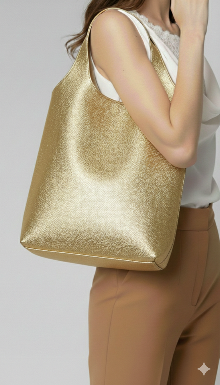 Modelo llevando bolso Milán color dorado de Claudia Bertolero elaborado en cuero de res con diseño amplio | Claudia Bertolero