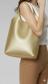 Modelo llevando bolso Milán color dorado de Claudia Bertolero elaborado en cuero de res con diseño amplio | Claudia Bertolero