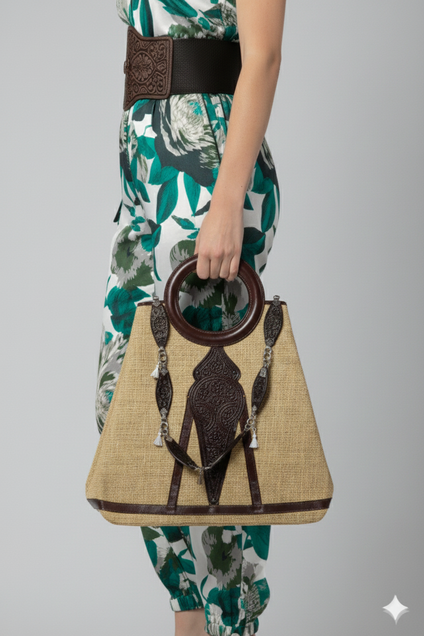 Cartera Florón de yute natural con asa circular de cuero y detalles ecuestres inspirados en el Caballo Peruano de Paso | Claudia Bertolero