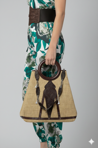 Cartera Florón de yute natural con asa circular de cuero y detalles ecuestres inspirados en el Caballo Peruano de Paso | Claudia Bertolero