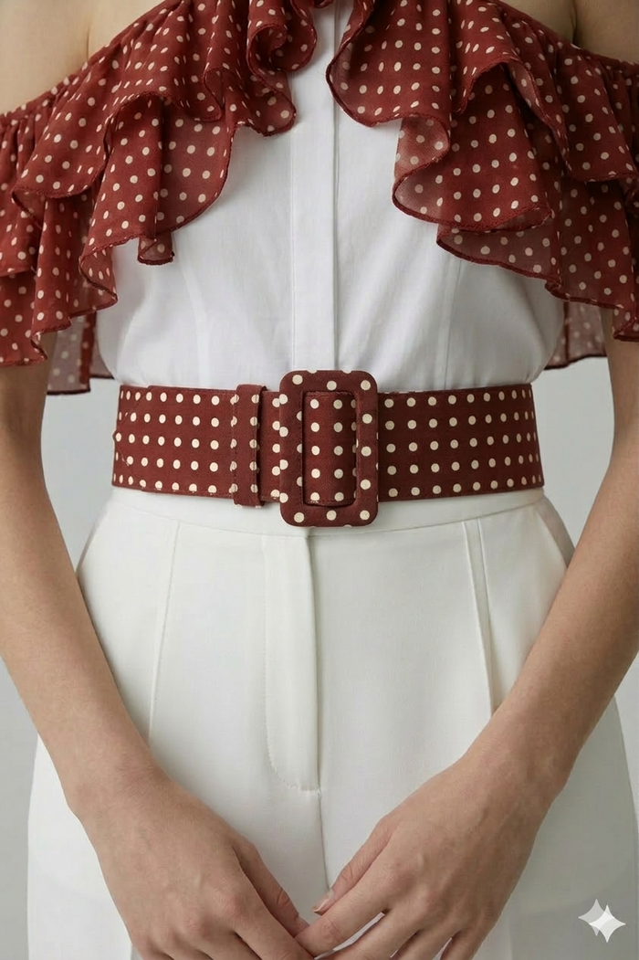 Modelo usando cinturón Catalina alazán con lunares claros y hebilla grande forrada | Claudia Bertolero