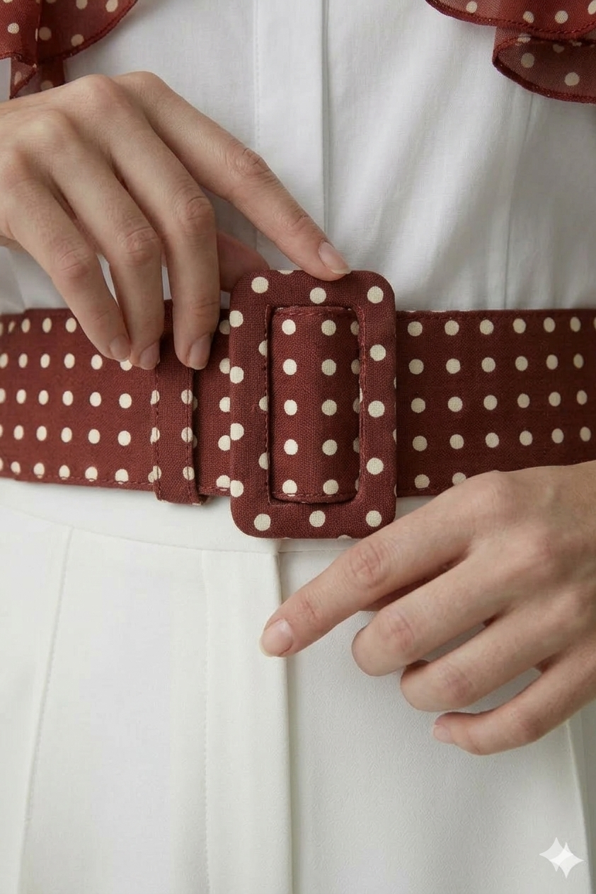 Detalle del cinturón Catalina alazán con estampado de lunares y hebilla forrada | Claudia Bertolero