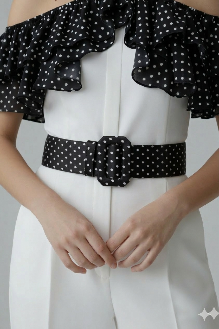 Detalle del cinturón Catalina negro con estampado de lunares y hebilla forrada | Claudia Bertolero