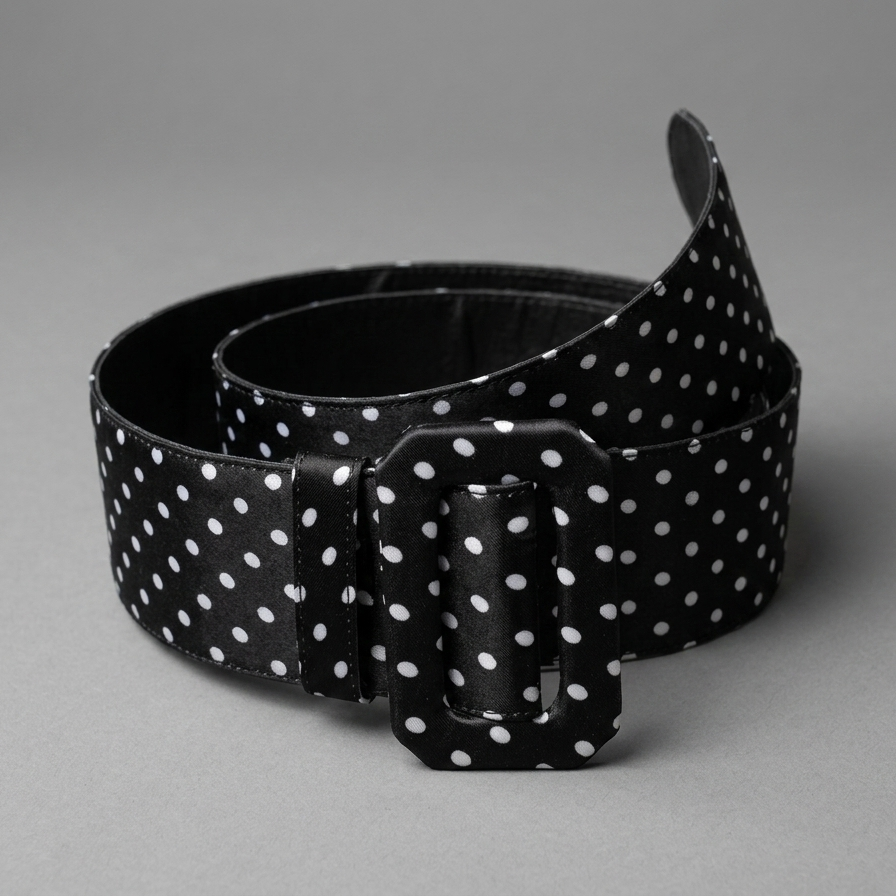 Cinturón Catalina negro con lunares blancos y hebilla grande forrada sobre fondo neutro | Claudia Bertolero