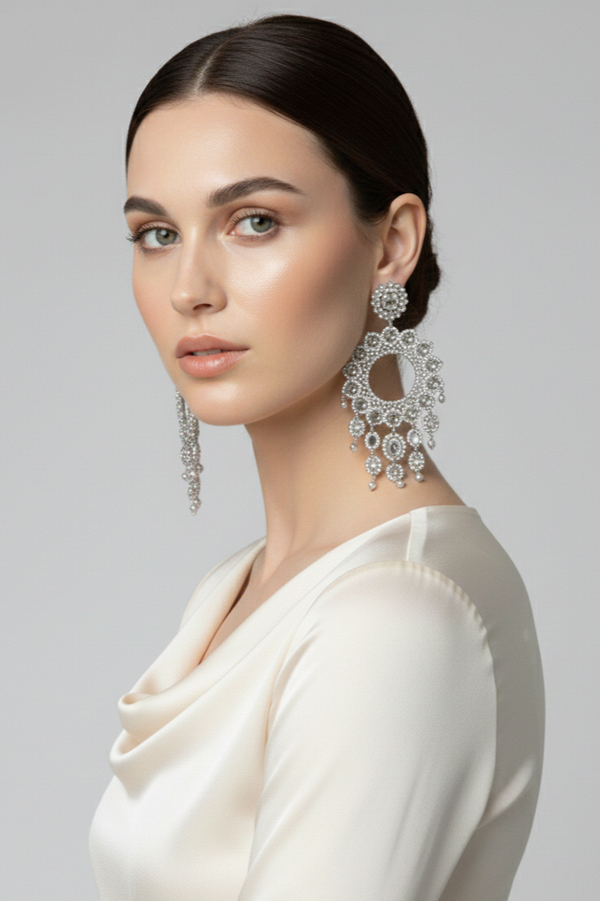 Modelo luciendo pendientes La Griffe plateados de gran tamaño con diseño elegante | Claudia Bertolero