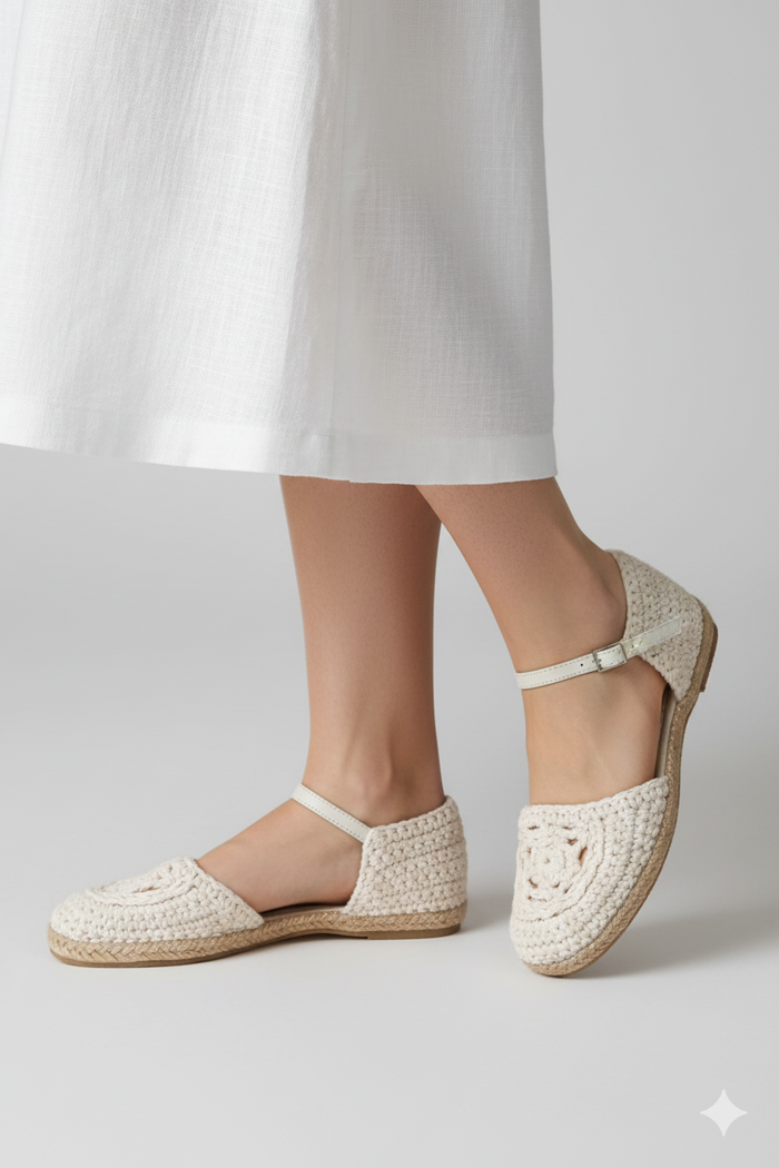 Sandalias St. Tropez de crochet con tira de cuero y hebilla en el tobillo | Claudia Bertolero