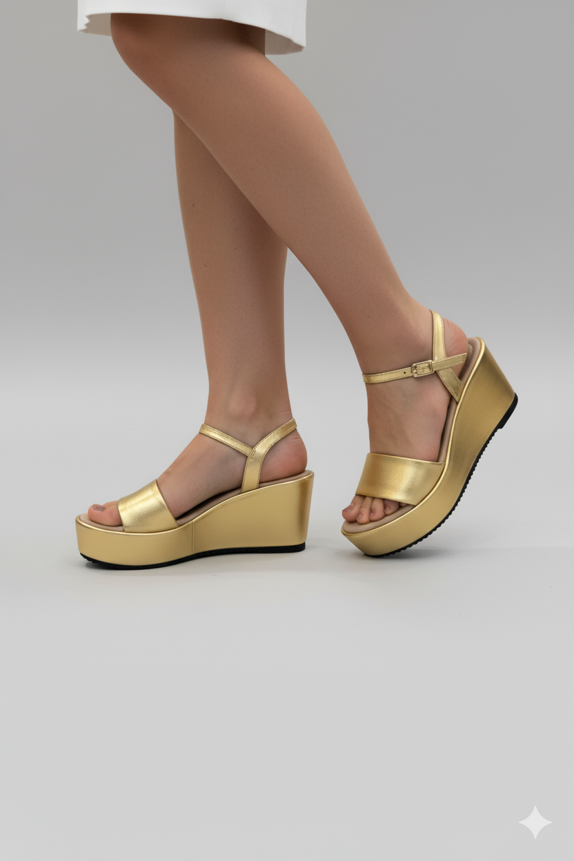 Vista lateral de sandalias Africa de cuero laminado con cuña | Claudia Bertolero