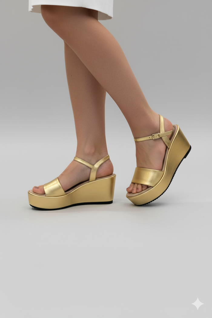 Vista lateral de sandalias Africa de cuero laminado con cuña | Claudia Bertolero