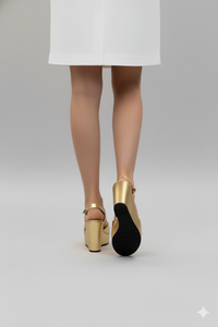 Vista trasera de sandalias Africa doradas con plataforma tipo cuña | Claudia Bertolero