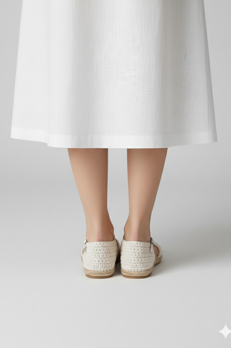 Vista trasera de sandalias St. Tropez tejidas a mano en crochet con suela plana | Claudia Bertolero