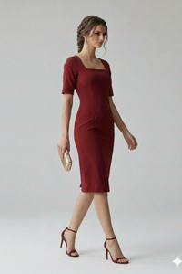 Vestido Daniela rojo midi en drill stretch con escote cuadrado y silueta entallada | Claudia Bertolero