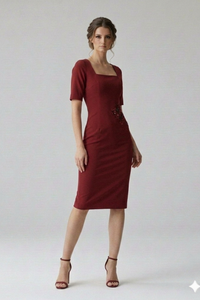 Vestido Daniela rojo midi en drill stretch con mangas cortas y detalle de encaje en la cintura | Claudia Bertolero