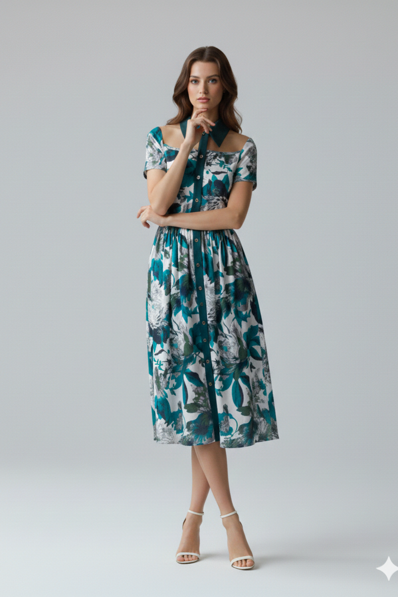 Vestido Pizarro de seda con estampado floral verde, cuello camisero y botonadura frontal | Claudia Bertolero