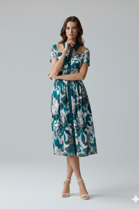 Vestido Pizarro de seda con estampado floral verde, cuello camisero y botonadura frontal | Claudia Bertolero